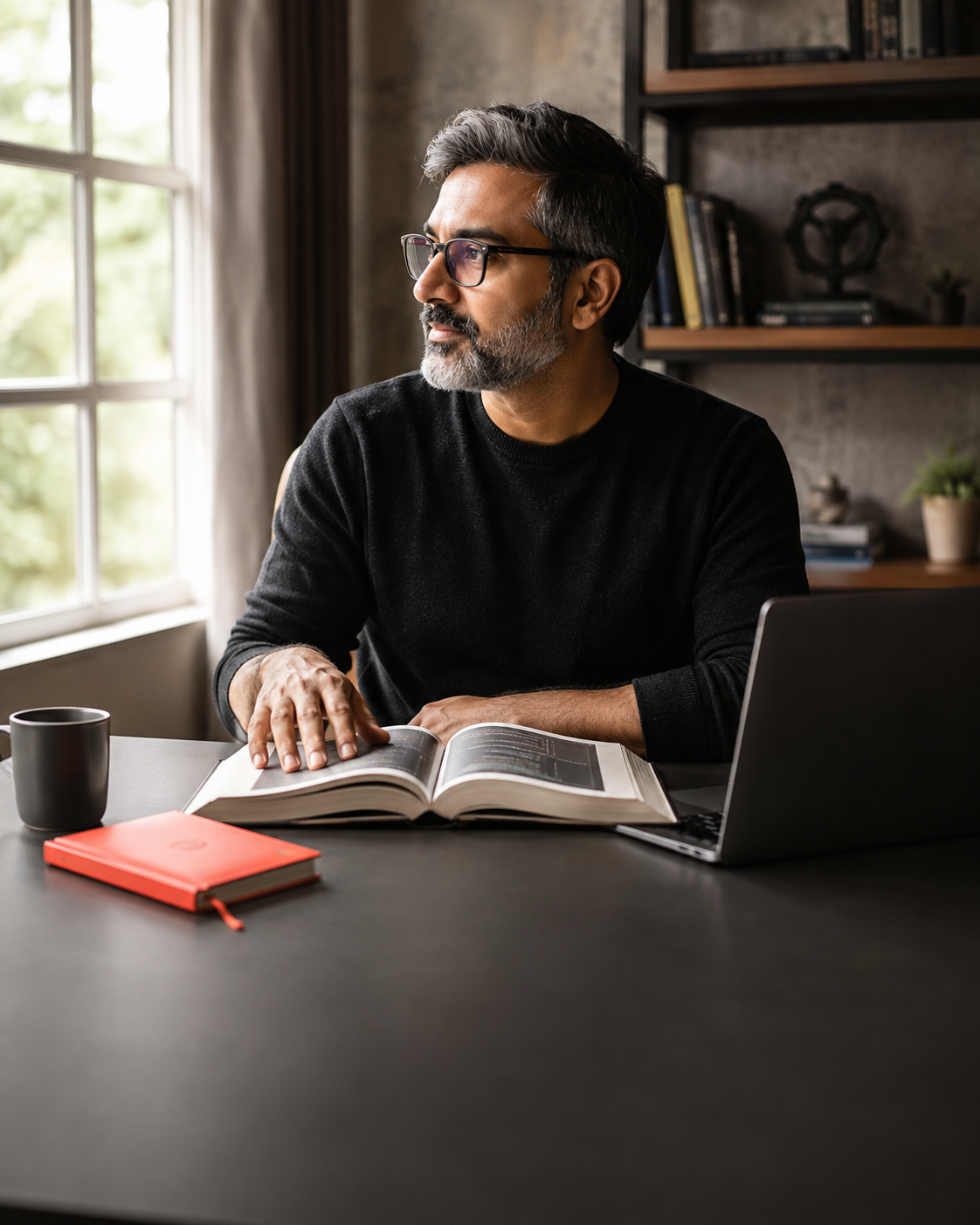 Practitioner reading a technical book at a desk